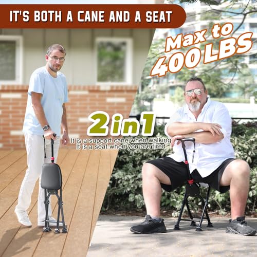 Image of Four-Legged Cane with Seat, Unisex Cane with Seat Folding Lightweight, Adjustable Anti-Slip Cane Chair, Walking Cane with Seat Suitable for Men, Women, Adults and Seniors