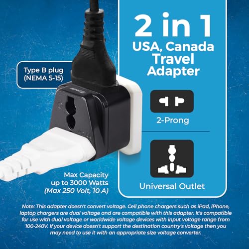 Image of OREI India to Canada, USA Travel Adapter, Philippines, Type B Plug, 2 in 1, Perfect for Laptop, Chargers, CE, RoHS, Black