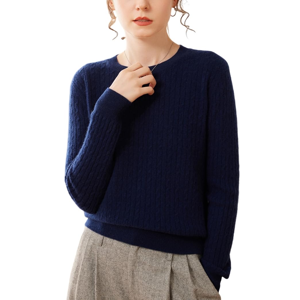 DISSA Pull Cachemire Femme Col Rond Torsades | mélange cachemire laine,col rond,torsades,épaules tombantes,bords côtelés,ourlet côtelé,toucher doux,tenue décontractée