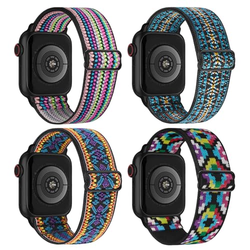 Image of 4 Pack Stretchy Solo Loop Compatible with Apple Watch Bands 38mm 40mm 41mm 42mm 44mm 45mm 46mm 49mm Women Men, Sport Nylon Elastic Straps Wristbands for iWatch Series 11 10 9 8 7 6 5 4 11 Ultra /SE 3 2
