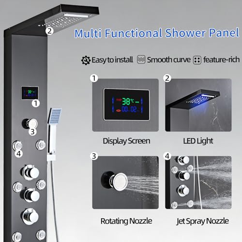 Image of LED 5-in-1 Shower Panel Tower System,Brushed Black