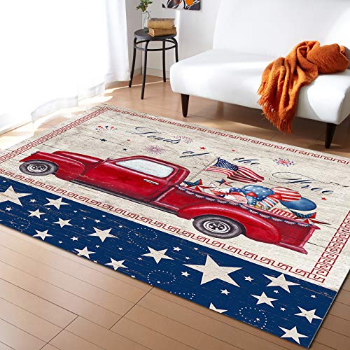 4th of July Indoor Modern Contemporary Area Rug, Vintage Truck with US Flag Patriotic Star Retro Wood Grain Ultra Soft Non-Shedding Carpet Floor Mats Stain Resistant Living Room Bedroom Rugs 2 x3