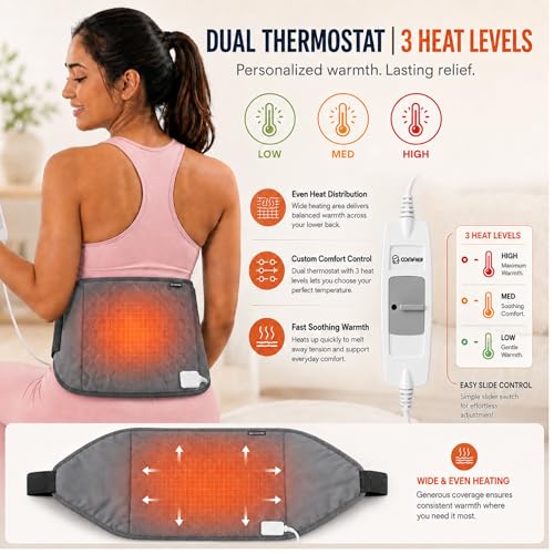 Image of COMFIER Heating Pad for Back Pain Relief, Large Electric Heat Pad with 3 Temperature Settings & Auto Shut-Off, Soft Velvet Heating Belt for Period Cramps, Knee, Shoulder and Neck, Grey