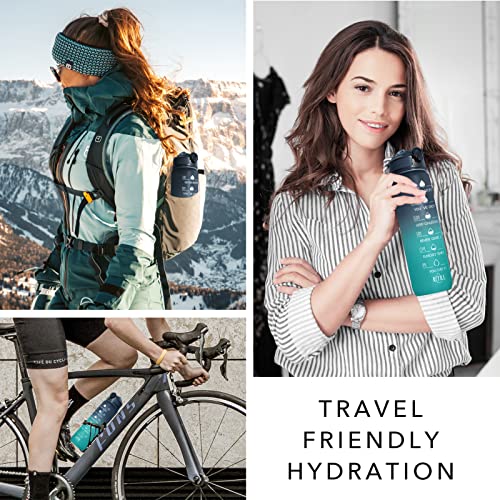 Image of HYETA 32 oz Water Bottles with Times to Drink and Straw, Motivational Water Bottle with Time Marker, Leakproof & BPA Free, Drinking Sports Water Bottle for Fitness, Gym & Outdoor, Navy-Blue-Green