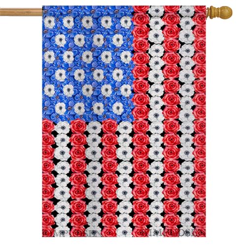 Patriotic Floral House Flag 28x40 Inch Double Sided, Burlap Yard Flag for Summer Holiday Seasonal Outside Outdoor Decoration