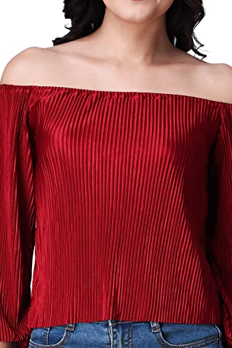 Image of POPWINGS Casual Wrinkle Off Shoulder Crop Top for Women - Designer Stylish Western Full Sleeves