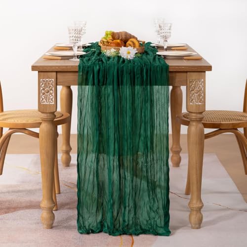 Image of MLMC 3 Pack Emerald Green Cheesecloth Table Runner Boho Dark Green Cheese Cloth Table Runner 10ft Sheer Gauze Cheesecloth Decorations for Wedding Home Party Decor