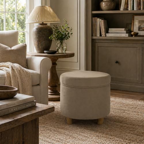 Image of HomePop Home Decor | Upholstered Round Storage Ottoman | Ottoman with Storage for Living Room & Bedroom, Fawn Gray Velvet, Large