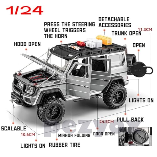 Image of 1:24 Diecast Mercedes-Benz G550-4X4 Modified Metal Pull Back Car with 6 Openable Doors & Sound Light Auto Toy car Best Gift Toys for Kids Boys (Silver)