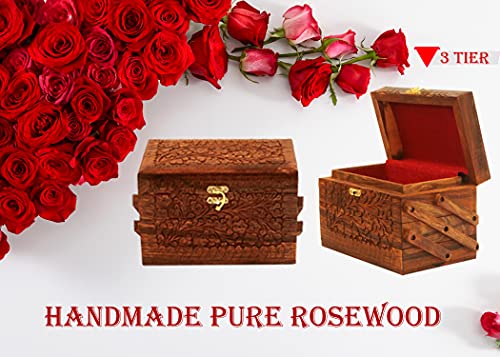 Skez Handcrafted Wooden Jewelry Box | 3 Tier Real Natural Wood Jewelry Box With Beautiful Soft Red Velvet Lining | Rustic Farmhouse Style Jewelry Box #TOP1