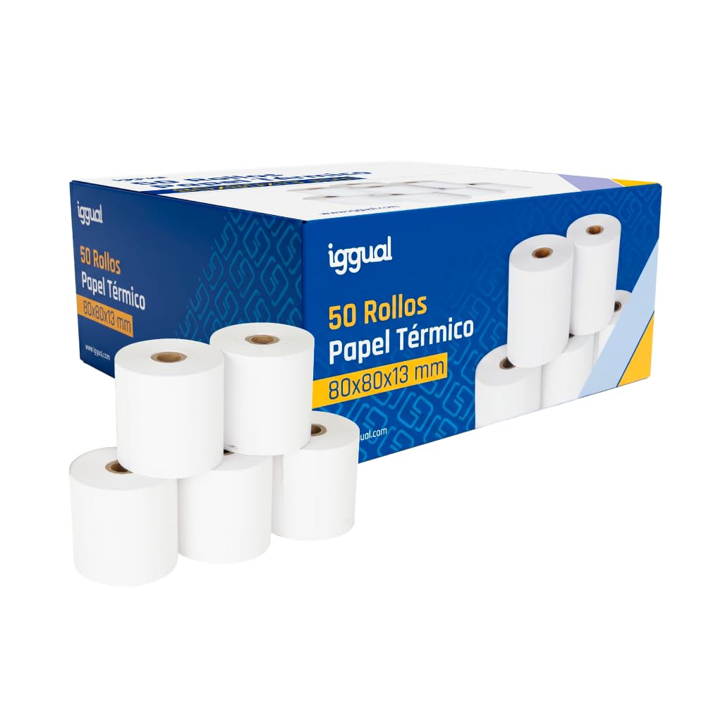 iggual - Rollo de Papel Térmico 80x80x13 para Ticket Impresora Tpv, Caja Registradora, Epos. El papel no Contiene Bisphenol A (BPA), Pack: 50 Unidades.