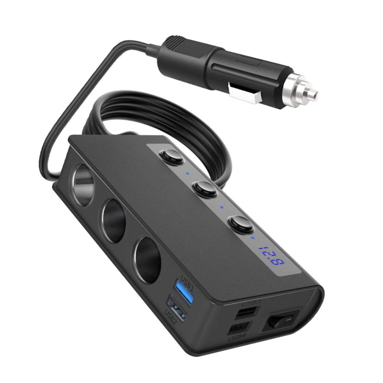 Cargador de Coche de 180 W 4 Puertos USB y 3 Tomas para Mechero, Indicador Led, para Móvil y Mp3