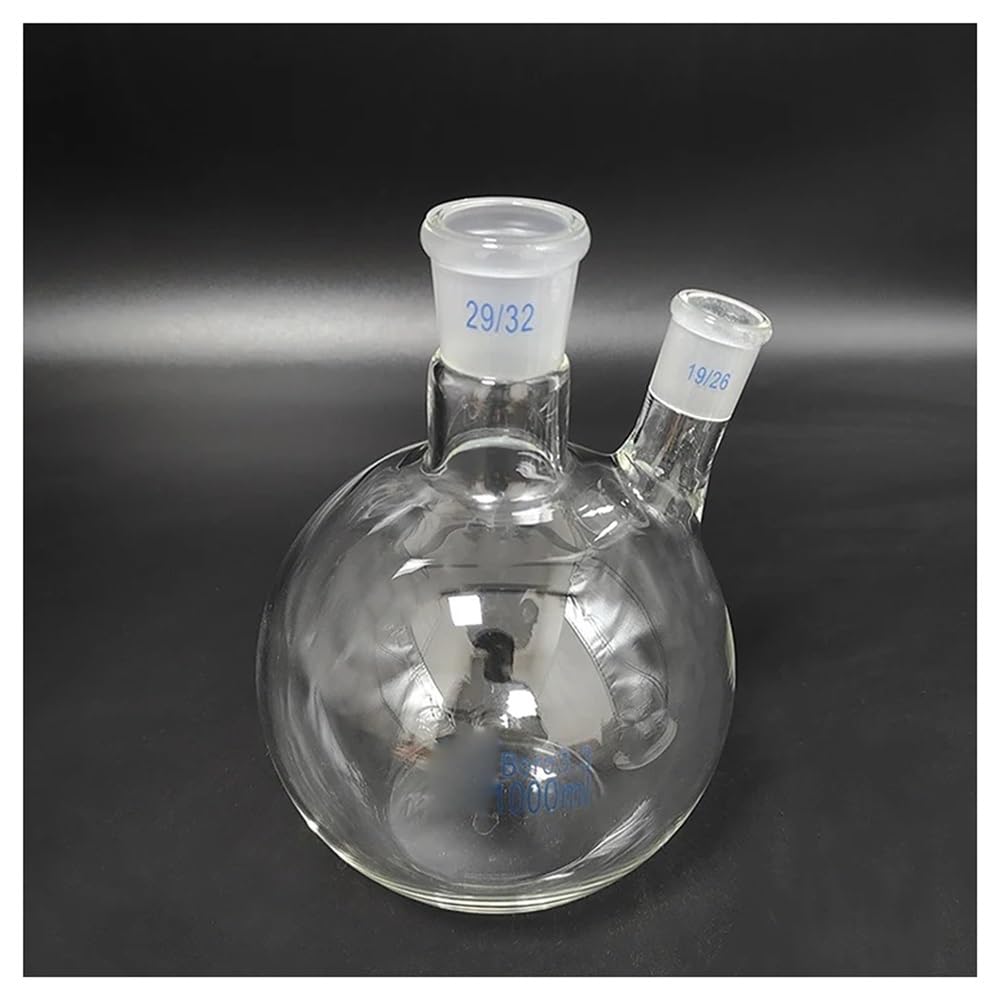 Cristalería de Laboratorio Matraz de dos bocas oblicuas con boca esmerilada estándar de 1000 ml, fondo plano 29/32 + 19/26