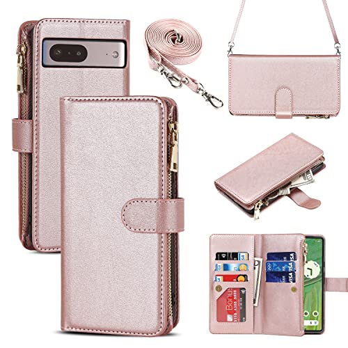 iCoverCase for Google Pixel 7 Wallet Case with Card Holder, Kickstand Feature PU Leather Case with Adjustable Crossbody Lanyard Magnetic Clasp Zipper Pocket Flip Cover (Rose Gold)