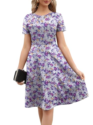 Image of Women's 2026 Fit and Flare Dress Summer Casual Elegant Vintage Floral Printed Work Party A-line Dress with Pockets 162