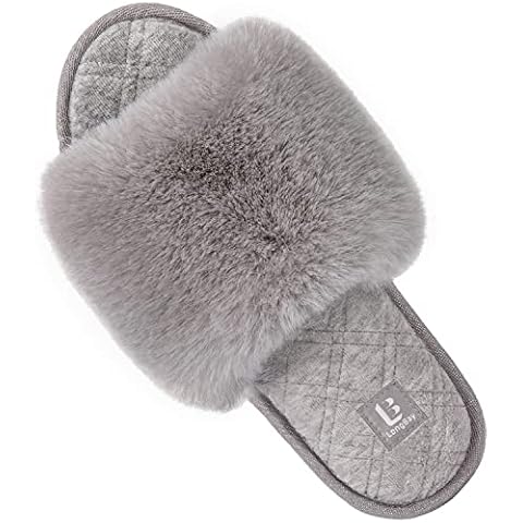 LongBay Women's Fuzzy Faux Fur Memory Foam Cozy Flat Spa Slide Slippers Comfy Open Toe Slip On House Shoes Sandals (Medium / 7-8, Gray) Cover