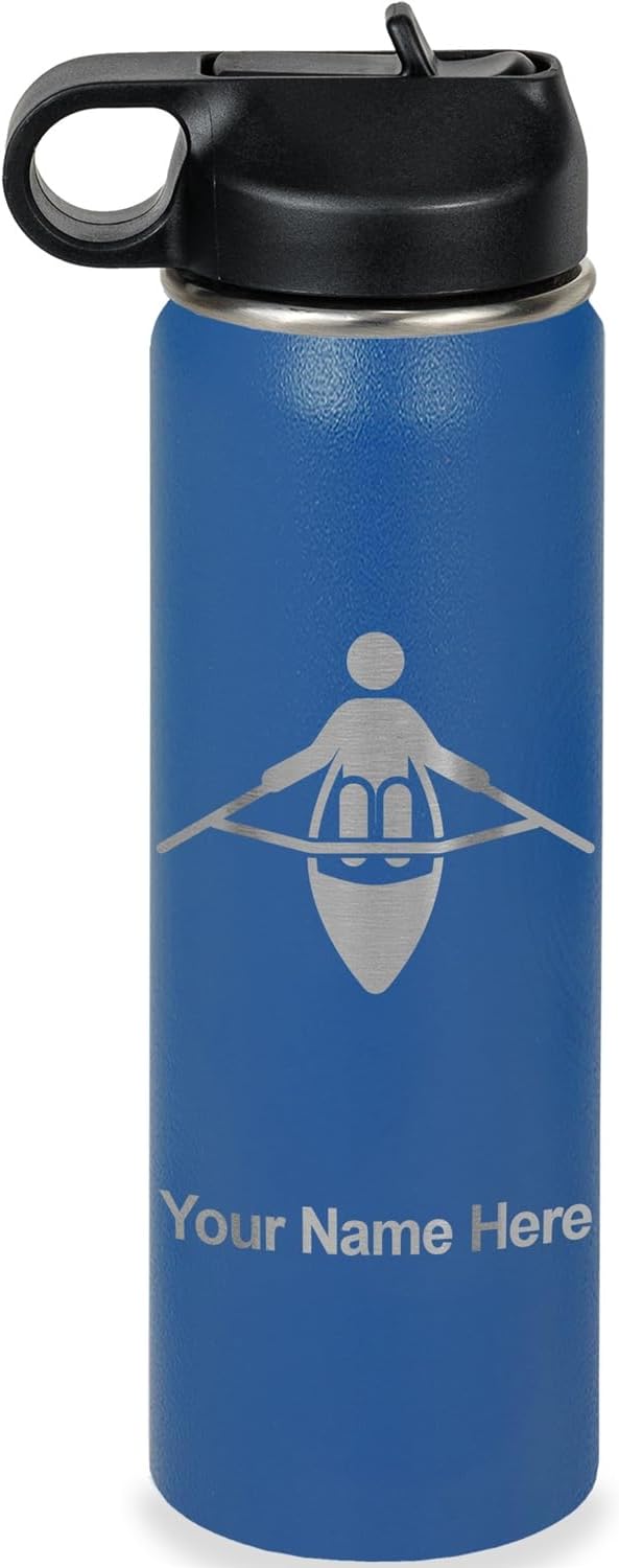 LaserGram Personalized Water Bottle, Adaptive Rowing, Stainless Steel Double Wall Vacuum Insulated with Flip Top Straw, Custom Engraved Gift (20oz / 590ml Dark Blue)