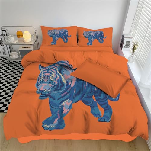 Housse de Couette 220x240cm Parure de Lit 3 Pièces Rayé Rétro Tigre