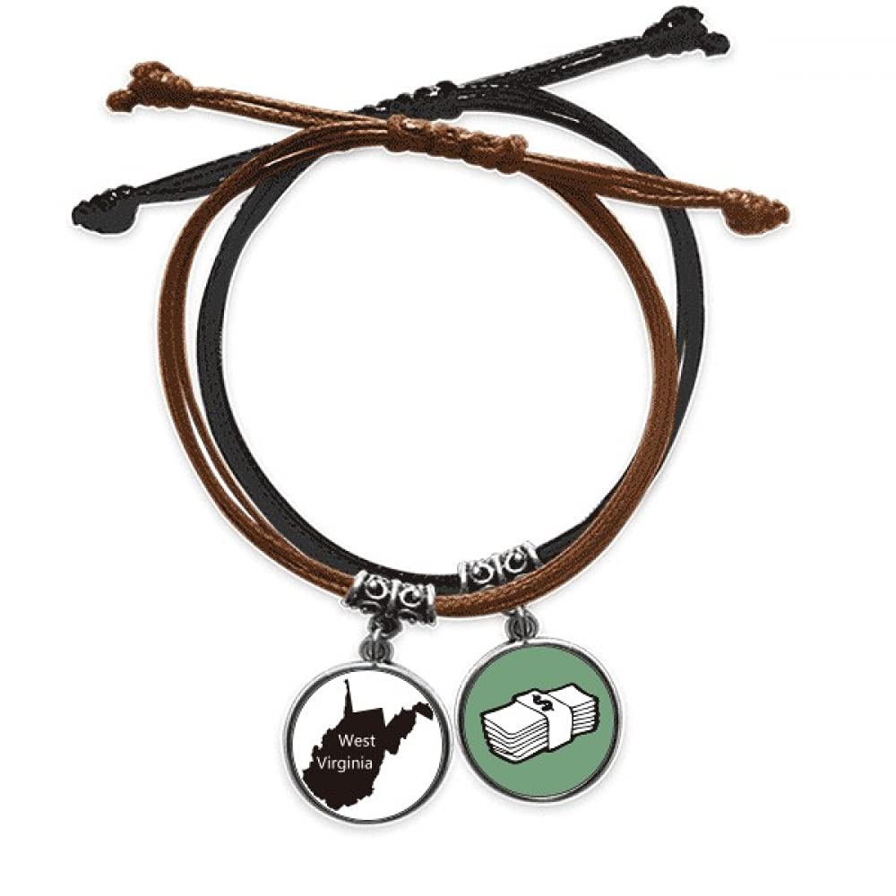 Pulsera de cuero West Virginia con cadena de cuerda de mano y mapa USA 3