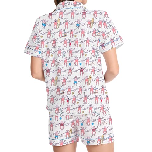 Image of Ammiko Womens Pajamas Set Y2k Loungewear Pajama Button Down Top and Shorts Monkey Beach Short Sleeve Sleepwear Preppy
