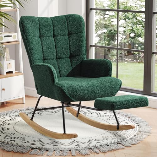 Ckaff Schaukelstuhl mit Fußstütze, Schaukelsessel mit Fußstütze, Teddystoff Gepolsterter Relaxstuhl Lesesessel Sessel mit Holzkufen für Schlafzimmer Wohnzimmer, Grün