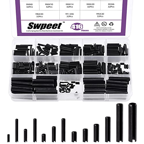Swpeet 416Pcs 13 Sizes M1.5 M2 M2.5 M3 M4 M5 M6 Black Metric Roll Pin Assortment Set with Storage Case, Slotted Spring Pin Steel Black Dowel Tension Roll Pin for Automotive Repair