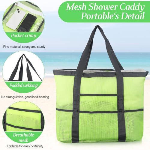 Image of Hillban Large Beach Mesh Bags Bulk for Women Beach Tote Bag with 8 Pocket Zipper Waterproof Sandproof for Pool Cruise Ship