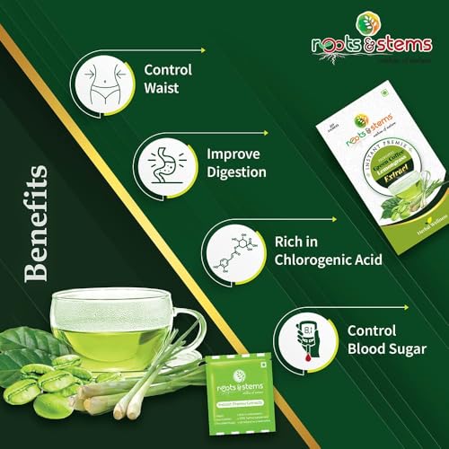 Image of roots & stems Green Coffee Lemongrass | Instant Premix Extract Powder with Probiotic | Arabica, Flavoured Coffee |100g (5gx20 Sachets) Pack of 4
