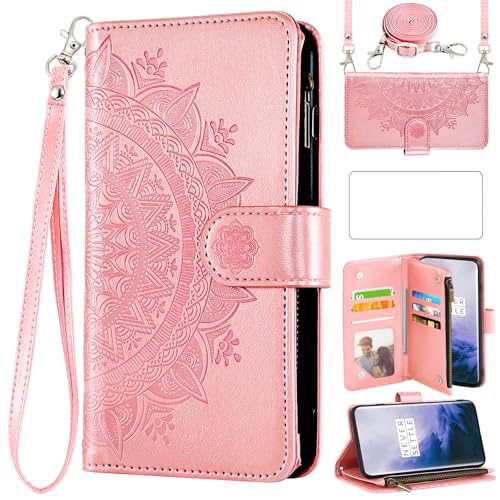 Étui rabat fleur mandala or rose OnePlus 7 Pro protecteur d'écran et porte-cartes