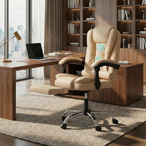 Image of Casa Copenhagen Italia Leatherette Office Chair for Work | Boss Chair, Ergonomic Executive, Luxurious Cushioned Arms & Seat, 2 Point Back Massager, Adjustable Leg Rest, Heavy Duty Metal Base (Beige)
