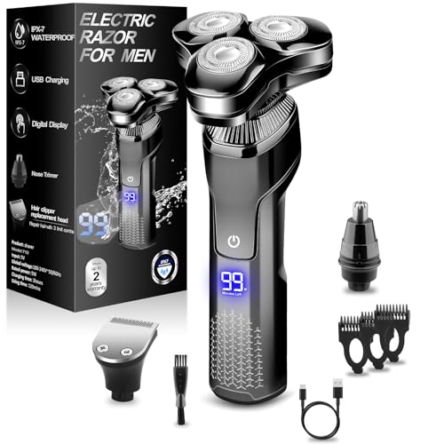 Image of Men's Electric Razor, Upgraded 4D Floating Magnetic Blade Head Rotary Shaver, 3-in-1 Multifunctional for Beard /Nose /Sideburns, IPX7 Waterproof Rechargeable Cordless Shaver, Turbo Speed, Gift for Men