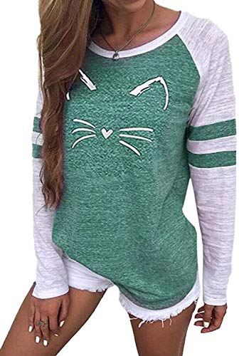 Futurino Women's Color Block Cat Print Sweatshirt Long Sleeve T Shirt Casual Top Blouse Green #TOP8