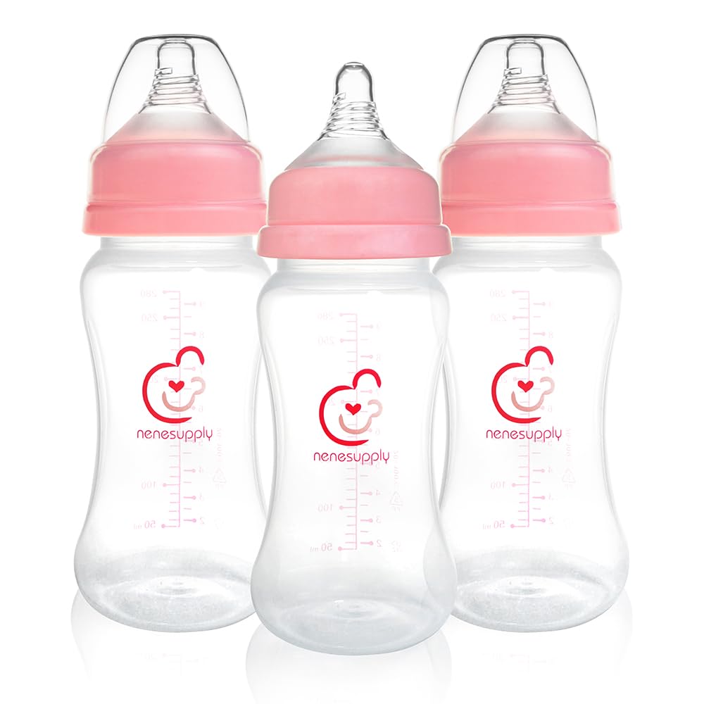 Nenesupply Natural Baby Bottles Newborn Feeding Bottles Slow Flow Breastfeeding Bottle for Breastfed Babies Wide Neck 9oz Anti Colic Level 2 Nipple