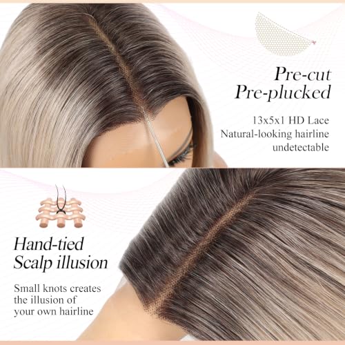 Image of EMMOR Human Hair Wig for Women 13x5x1 Inch HD Lace Front Wig 18 Inch Layered Glueless Wigs Pre-Plucked Hairline Human Hair Blend Premium Synthetic Fiber for Everyday Wear(Ombre Gray Blonde)