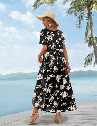 Image of YESNO Women Casual Loose Bohemian Floral Dress with Pockets Short Sleeve Long Maxi Summer Beach Swing Dress EJF