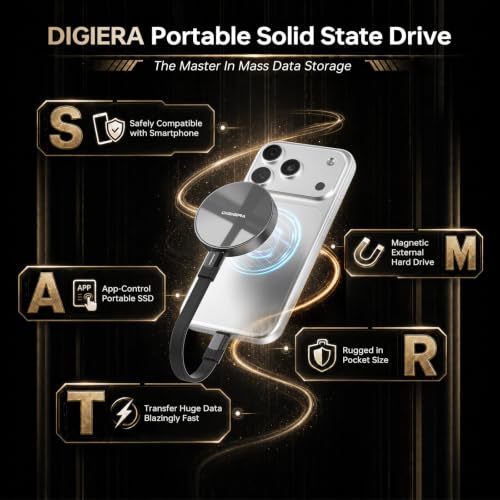 Image of DIGIERA 4TB Magnetic Portable SSD, External Solid State Drives with USB-C 3.2 Gen 2x2, Speed Up to 2000MB /s, Compact & Durable, Compatible with iPhone 15 /16 /17 Series and Other USB-C Devices, Grey