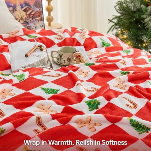 Image of BEDELITE Christmas Blanket Twin Size - Red and White Checkered Holiday Throw with Gingerbread Man, Candy Cane & Christmas Tree Pattern, Soft Fleece Christmas Blanket for Home Decor & Gift, 60 inchx80 inch