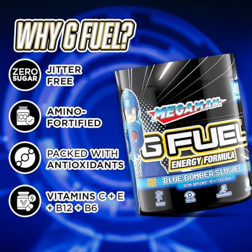 Image of G Fuel Megaman Energy Drink Powder, Pre Workout Caffeine Mix for Gaming, Sugar Free Focus Amino, Vitamin + Antioxidants, 9.9oz (Blue Slushee, 40 Servings)