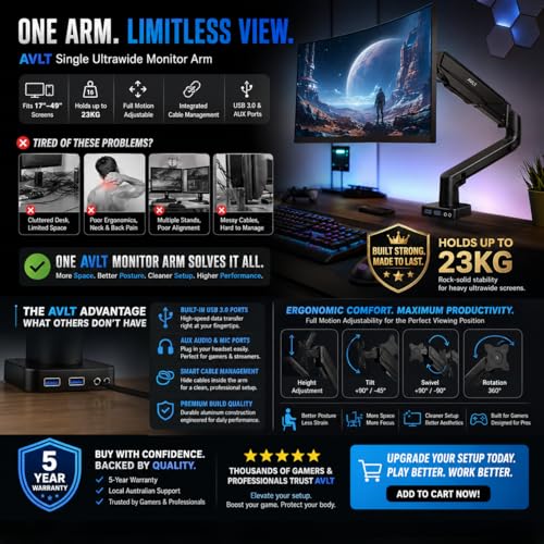 AVLT Single 17"-49" Super Ultrawide Monitor Arm Desk Mount for Screens up to 50 lbs, Premium Aluminum Stand, Adjustable Pneumatic Height, Full Motion Swivel Tilt Rotation, USB 3.0 & AUX Ports, Black