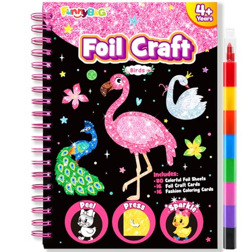 FUNNYB&G Foil Art Craft Kit for Girls 4-10 Years Old: Mess-Free & No-Glue, Create 16 Sparkly Birds Pictures – Perfect Travel Toy & Birthday Gift for Kids (Birds)