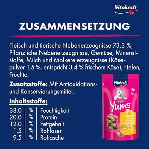 Vitakraft Cat Yums, Katzen Leckerli, weicher Katzensnack gefüllt mit Käse, im wiederverschließbaren Beutel, ohne Zusatz von Zucker (1x 40g)