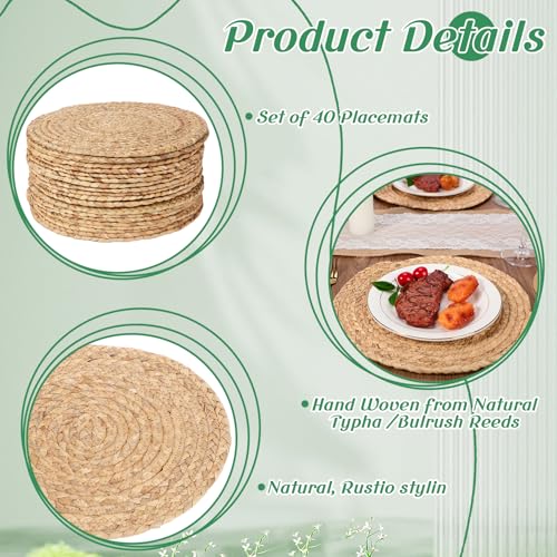 Image of FoldTier 60 Pcs Round Placemats Bulk Plate Chargers Set 11.8 Inch Woven Placemat Rustic Braided Straw Rattan Charger Natural Water Hyacinth Place Mat for Wedding Party Table Single Tableware Use