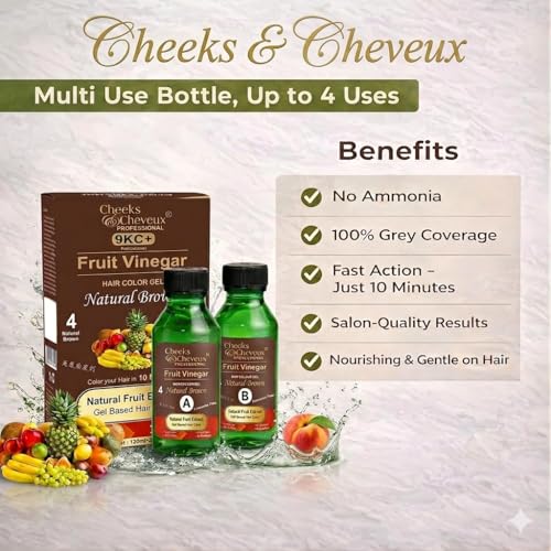 Image of Cheeks & Cheveux Fruit Vinegar Hair Color Gel Natural Brown - No Ammonia, Stain-Free, Non-Drip Formula, Long Lasting Natural Color, 100% Grey Coverage for Men & Women (120ml x 2)