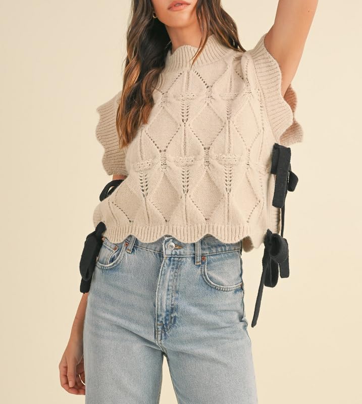 NUFIWI Womens Y2K Ribbon Bow Sweater Vest Chunky Cap Sleeve Knit Vest with Bows Casual Lace Up Bandage Crochet Knit Tank