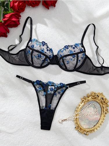 Image of Sexy Floral Embroidered Flower Mesh Underwire Push Up Lingerie Set