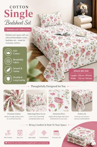 Image of IVAZA 220 TC Soft Ezyption Cotton Floral Single Bed Sheet - Single bedsheet with 1 Pillow Cover Hypoallergenic, Brethable, (Size- 90 x 60 Inch White Green