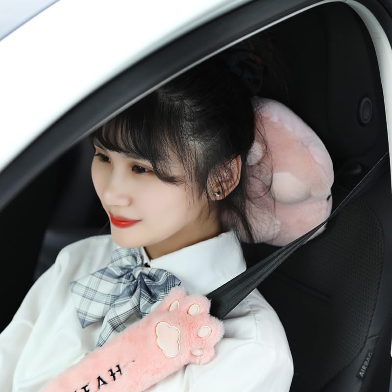 Image of Car Travel Pillow for Kids Car Seat Pillow Cute Cartoon Travel Pillow Cushion Breathable Head and Body Support Pillow for Sleeping Travel Neck Rest (Pink(Pillow+ Seatbelt Cover))
