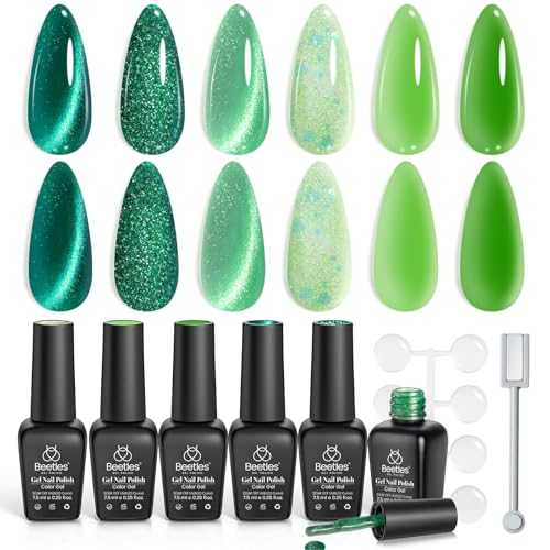Beetles Green Gel Nail Polish Set, 6 Colors Mint Matcha Emerald Glitter Cat Eye Gel Polish, Summer...