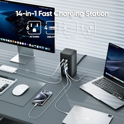 TenTrend Power Strip Tower, 230W Total Fast Charging Station for Multiple Devices, 5FT Extension Cord Tower with 6 Outlets 8 USB(4 USB C), 2000J Surge Protector for Home Office, Dorm Essentials - Image 3