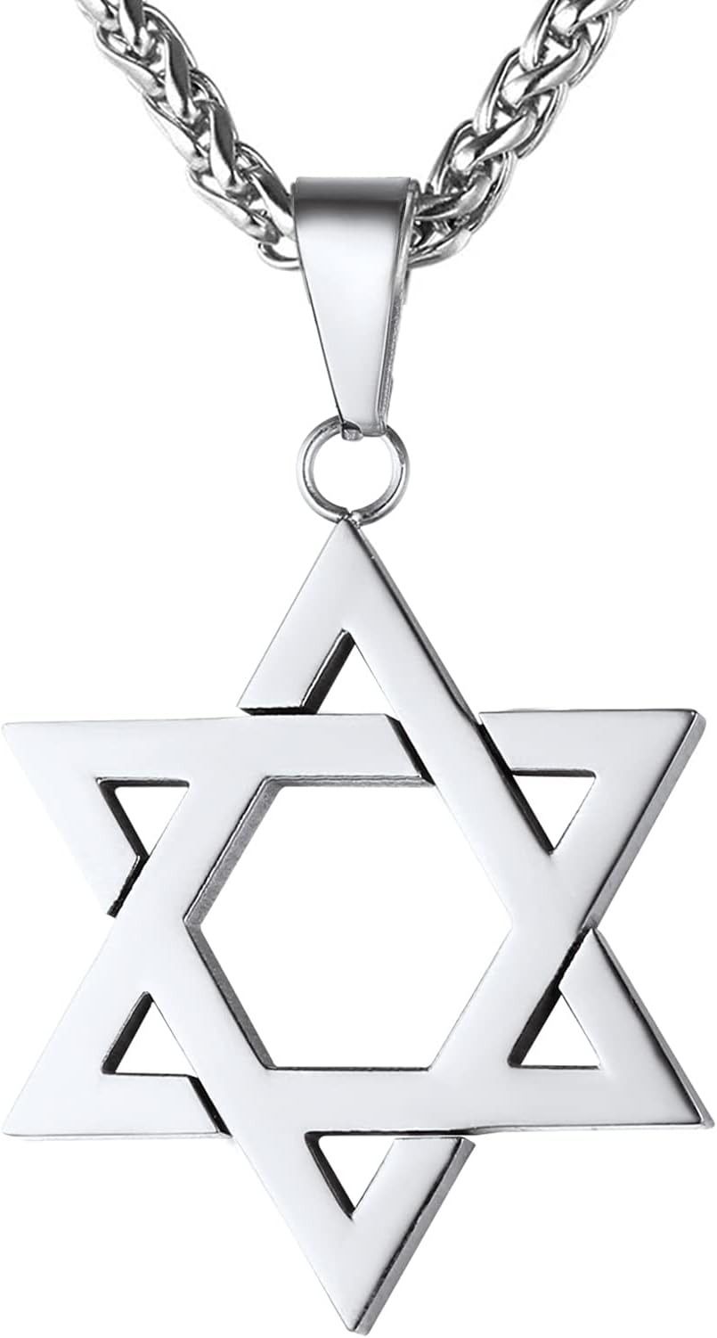 Star of David Necklace for Men Women Gold/Stainless Steel Hexagon Pendant with Cross/Ruby Stone/Classic Jewish Isael Necklaces, Length 22" 24" 26"